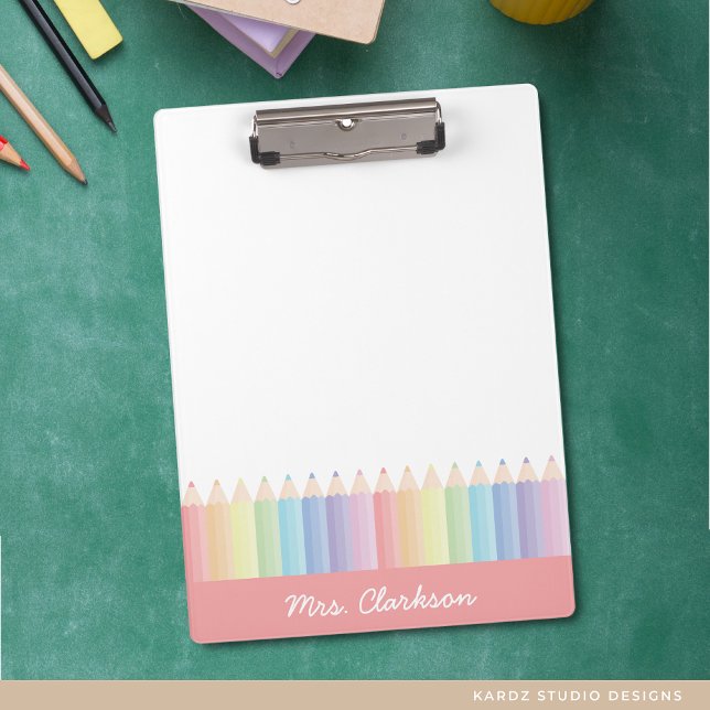 Rainbow Pencils Personalized Teacher Clipboard (Personalize this pastel rainbow colored clipboard with the teacher's name. )