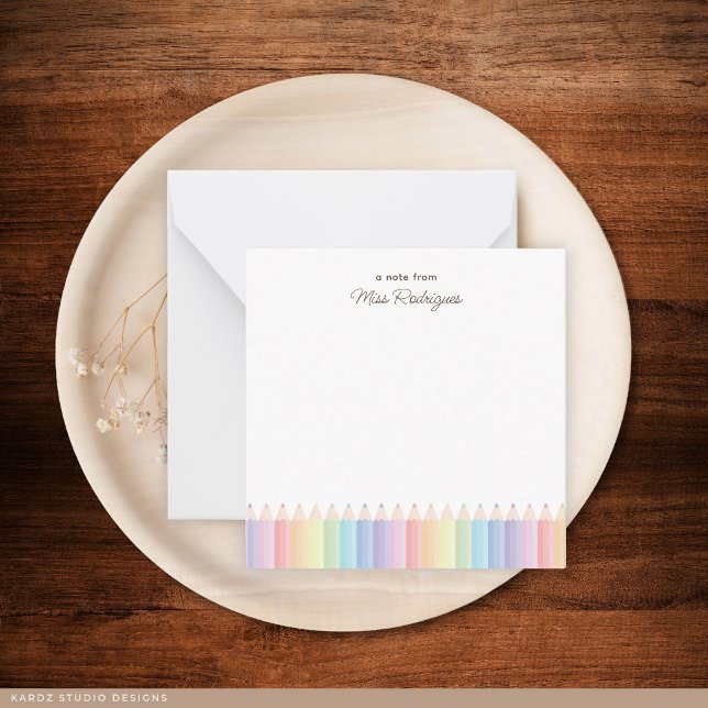 Rainbow Pencils Personalized Teacher Note Card (Note card shown in 2.5 x 2.5 inches. Add name, choose size, paper, and corner style.)