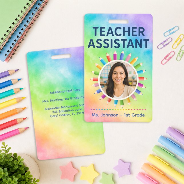 Rainbow Pencils Photo Teacher Assistant Badge (Tacher Assistant Badge)