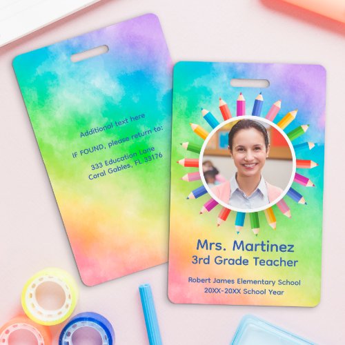Rainbow Pencils Photo Teacher ID Badge
