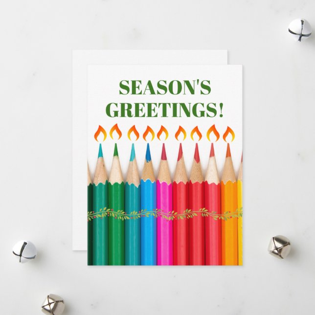 Rainbow Pencils Seasons Greetings  Holiday Card (Front/Back In Situ)