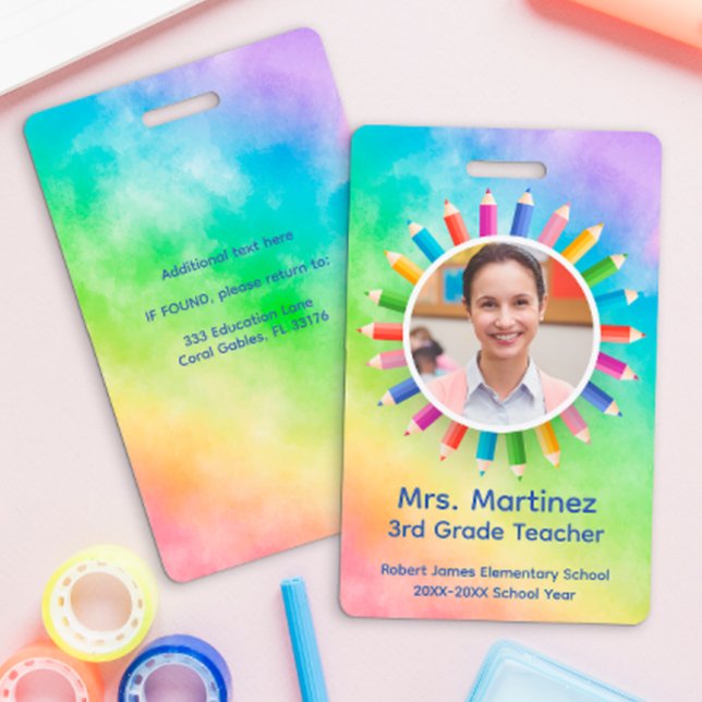 Rainbow Pencils Teacher Photo ID Badge | School ID (Creator Uploaded)
