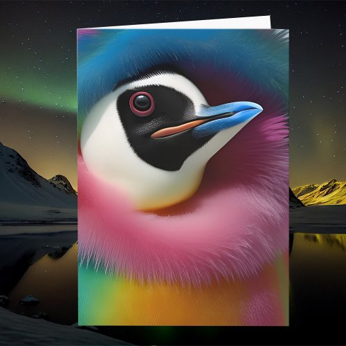 Rainbow Penguin Colorful Fuzzy Bird Fantasy Animal Card
