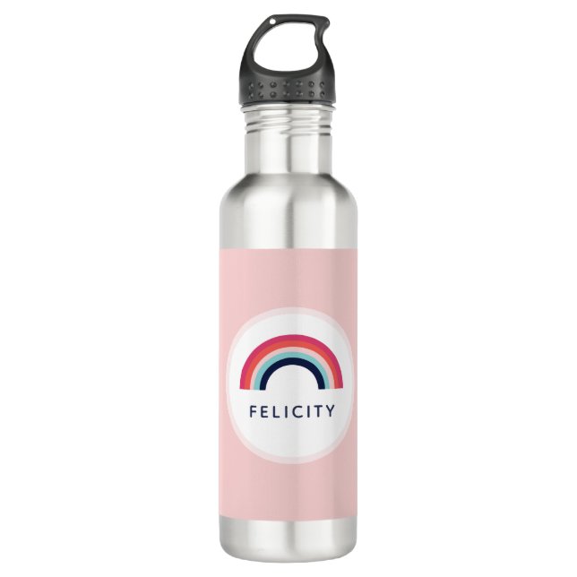 Rainbow Personalized Name Girl Gift in Pink  Stainless Steel Water Bottle (Front)