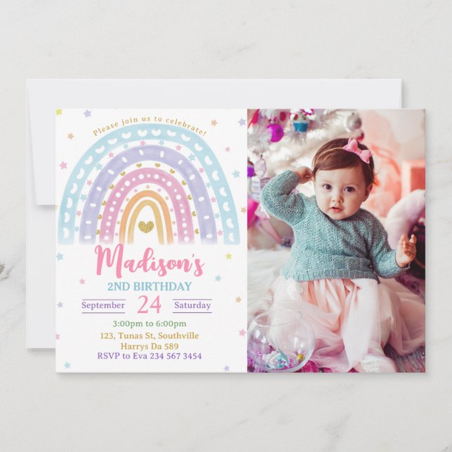 Rainbow Photo Birthday Pastel Invitation (Front)