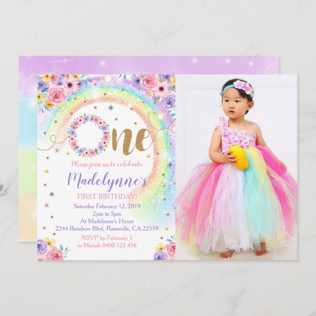 Rainbow Photo Invitation Rainbow 1st Birthday (Front/Back)