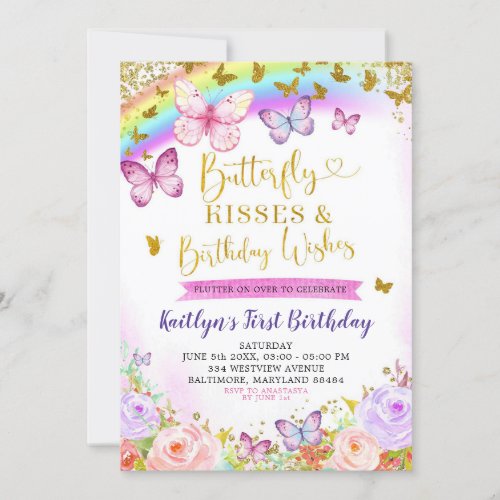 Rainbow Pink and Purple Butterfly Birthday Invite