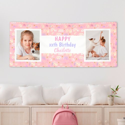 Rainbow Pink Any Age Girl Photo Birthday Party Banner