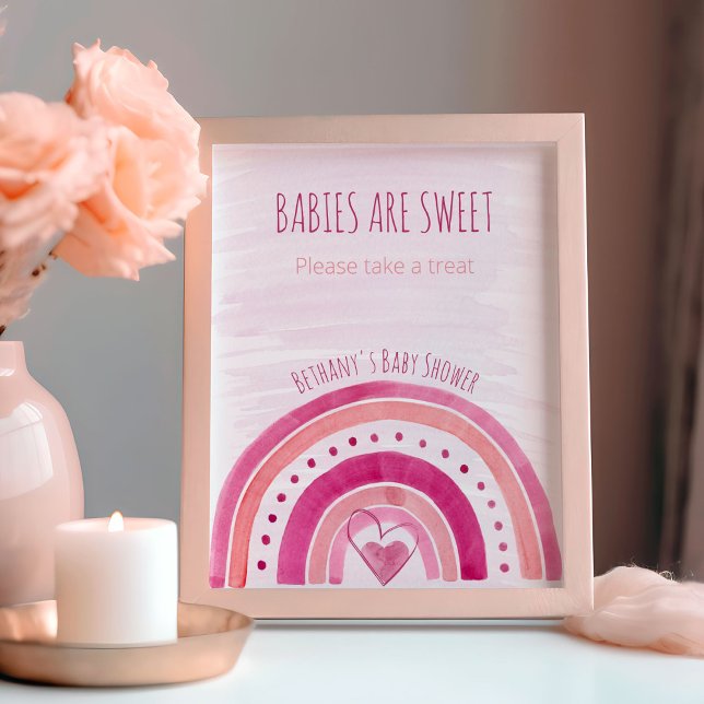 Rainbow Pink Baby Shower Favor Table Sign (Rainbow baby shower favor table sign - babies are sweet, please take a treat - fully editable)