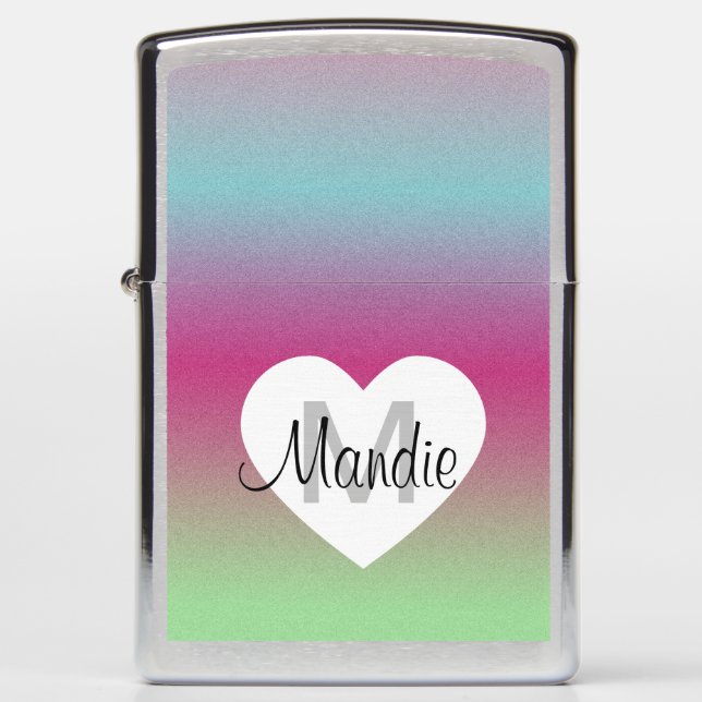 Rainbow Pink Blue Ombré Monogram Initial Name Zippo Lighter (Front)