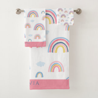 Rainbow Pink Blue Personalized Boho Girly  Bath Towel Set