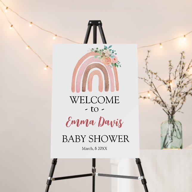 Rainbow Pink Boho Baby Shower Welcome Sign (In Situ (Stand))