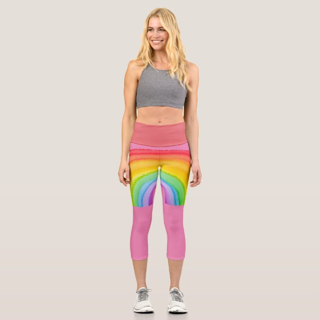 RAINBOW PINK CAPRI YOGA PANTS LEGGINGS (Front)