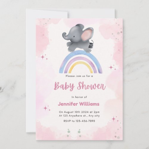 Rainbow pink elephant baby shower invitations girl