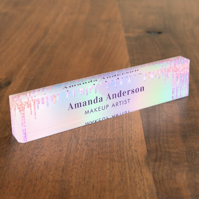 Rainbow pink glitter drips monogram beauty desk name plate (Side)