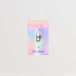 Rainbow pink glitter drips purple monogram name light switch cover<br><div class="desc">Rainbow,  holographic background in pink,  purple,  rose gold and mint green.  Decorated with faux glitter drips,  paint dripping look. Personalize and add a name,  purple colored letters.  The name is written with a modern hand lettered style script.</div>