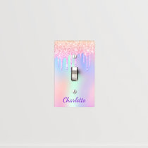 Rainbow pink glitter drips purple monogram name light switch cover
