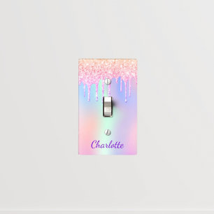 Rainbow pink glitter drips purple monogram name light switch cover