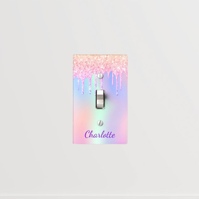 Rainbow pink glitter drips purple monogram name light switch cover (Creator Uploaded)