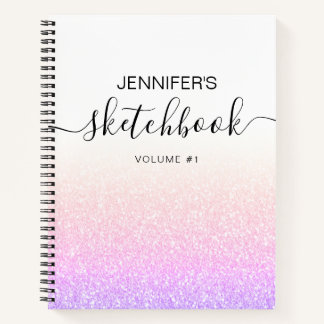 Rainbow Pink Glitter Girly Ombre Sketchbook Name Notebook