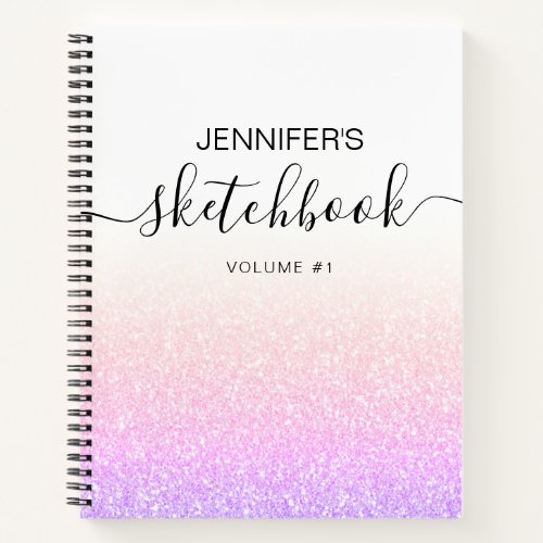 Rainbow Pink Glitter Girly Ombre Sketchbook Name Notebook