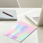 Rainbow pink glitter rose gold sparkle glam name notepad<br><div class="desc">A trendy iridescent background with unicorn and rainbow pastel colors in pink, purple, rose gold, mint green. Decorated with faux glitter drips in rose gold, pink and purple. Purple colored letters. Personalize and add your name. The name is written with a modern hand lettered style script with swashes. To keep...</div>