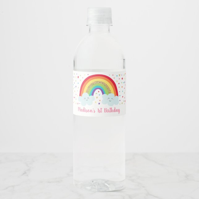 Rainbow Pink & Gold Birthday Water Bottle Label (Front)
