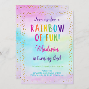 Rainbow Pink Gold Watercolor Birthday Invitation