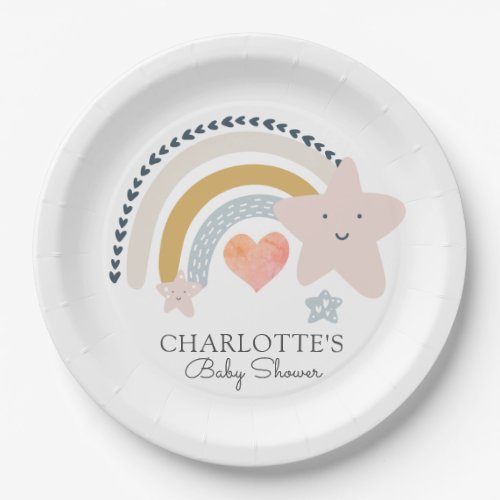 Rainbow Pink Heart Girl Baby Shower   Paper Plates