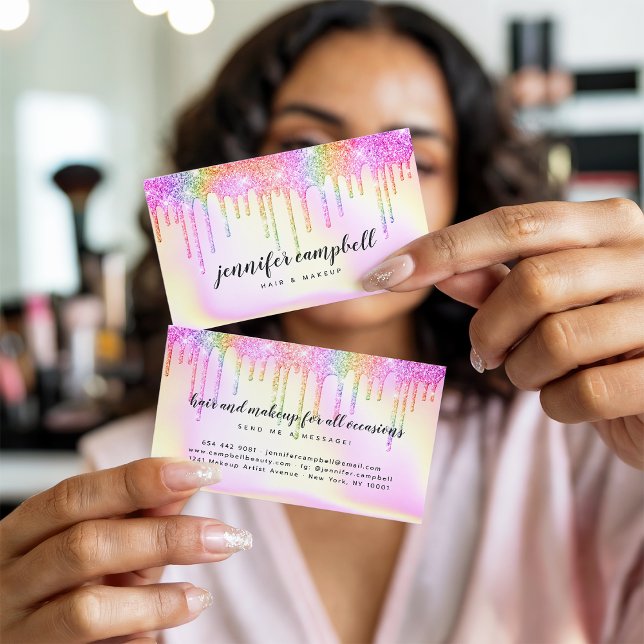Rainbow pink holographic glitter drips makeup hair business card (Rainbow pink holographic glitter drips makeup hair)