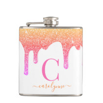 Rainbow Pink Peach Sparkle Glitter Drips Monogram Flask Rainbow Pink Peach Sparkle Glitter Drips Monogram Flask