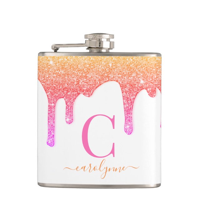 Rainbow Pink Peach Sparkle Glitter Drips Monogram Flask (Front)