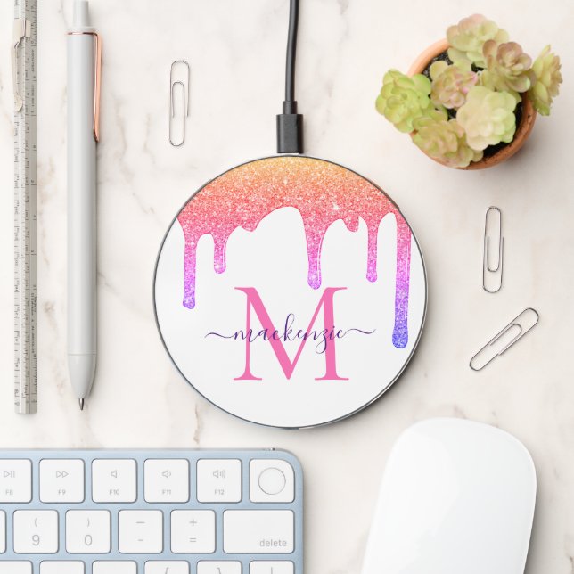 Rainbow Pink Peach Sparkle Glitter Drips Monogram Wireless Charger (Desk)