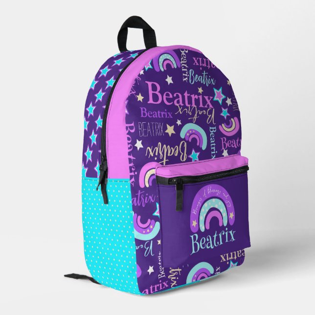 Rainbow pink purple aqua stars name Beatrix Printed Backpack (Back Corner Left)