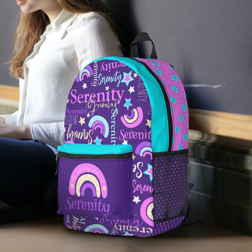 Rainbow pink purple aqua stars name Serenity Printed Backpack