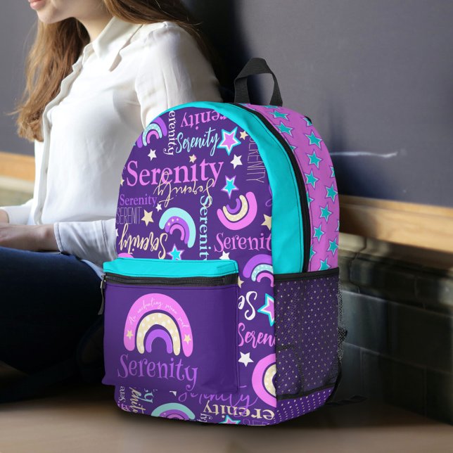 Rainbow pink purple aqua stars name Serenity Printed Backpack (Creator Uploaded)
