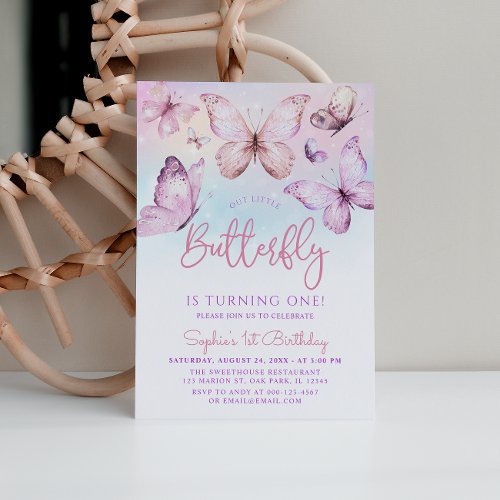 Rainbow Pink Purple Girl Butterfly 1st Birthday Invitation