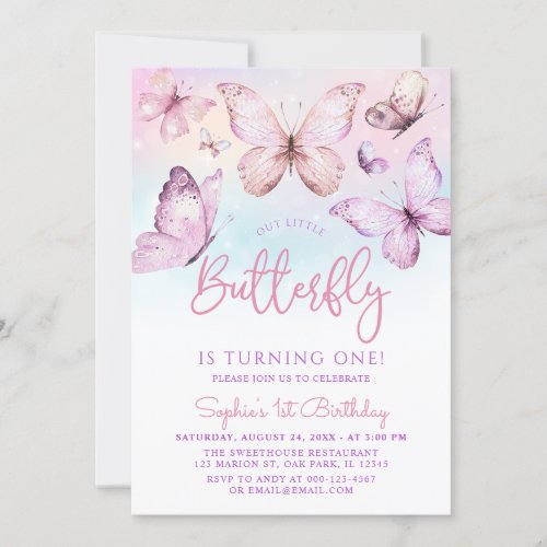 Rainbow Pink Purple Girl Butterfly 1st Birthday Invitation