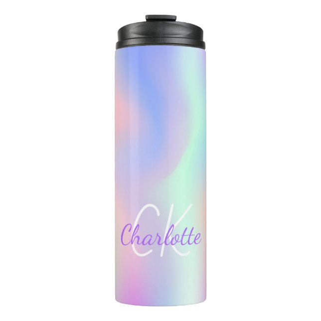 Rainbow pink purple holographic monogram script thermal tumbler (Front)