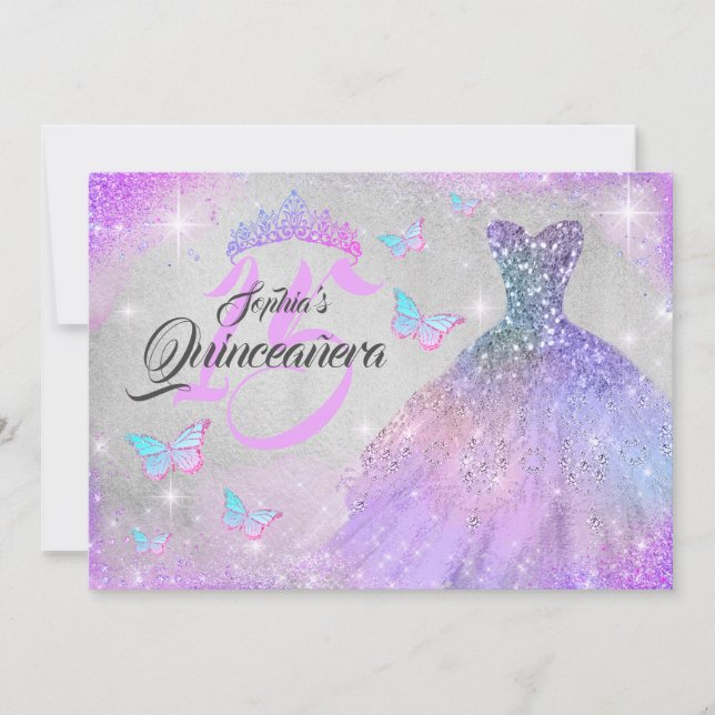 Rainbow Pink Purple Sparkle Dress Quinceanera  Invitation (Front)