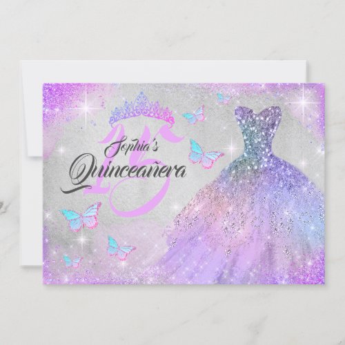 Rainbow Pink Purple Sparkle Dress Quinceanera  Invitation