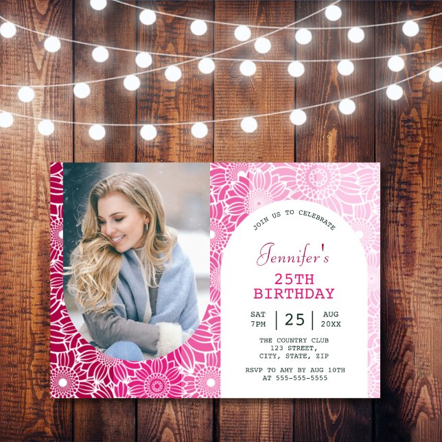 Rainbow Pink Stripes Floral Arch Photo Birthday  Invitation (Creator Uploaded)