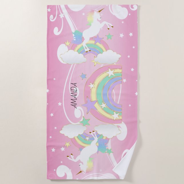 Rainbow Pink Unicorn Beach Towel (Front)
