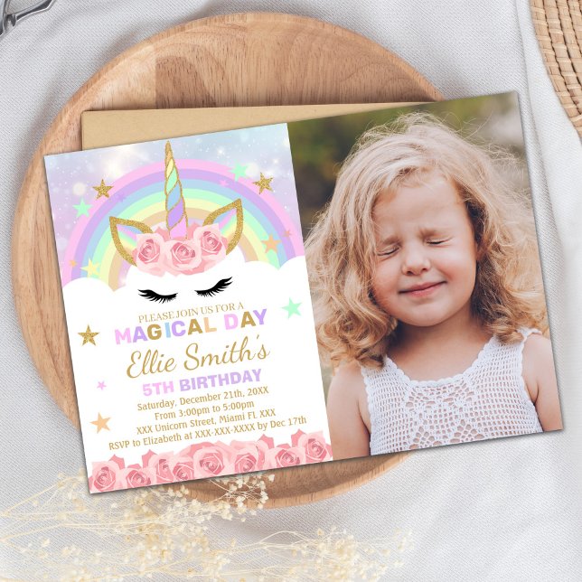 Rainbow Pink Unicorn Birthday Invitation (Rainbow Pink Unicorn Invitations with photo)
