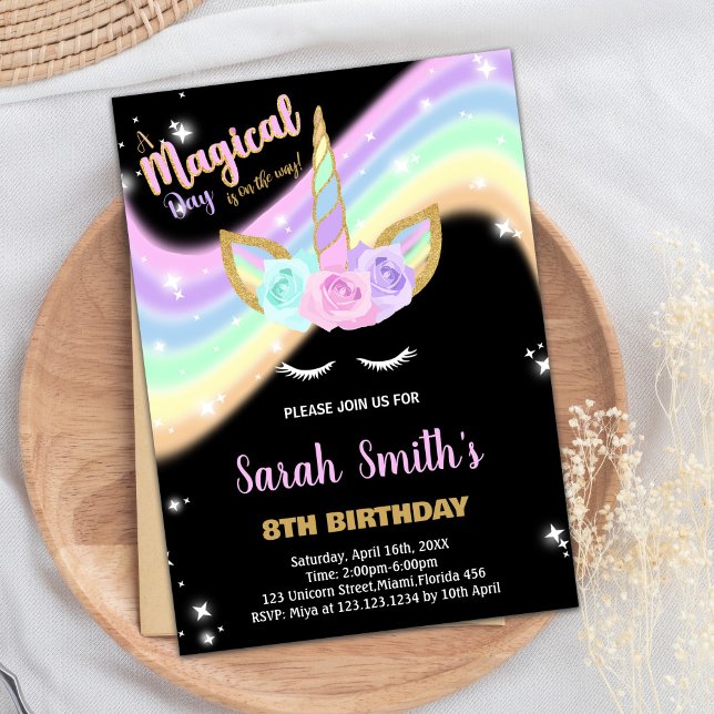 Rainbow Pink Unicorn Birthday Invitations (Rainbow Pink Unicorn Birthday Invitations)
