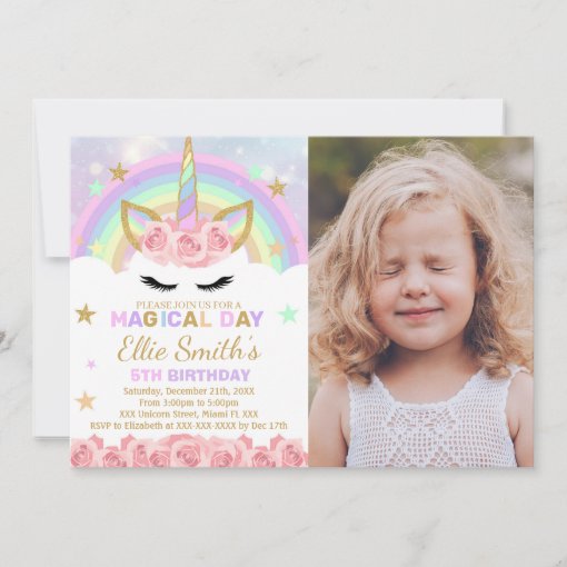 Rainbow Pink Unicorn Invitations with photo Zazzle