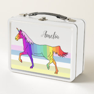 Rainbow Pink Unicorn Stripes Girly Metal Lunch Box
