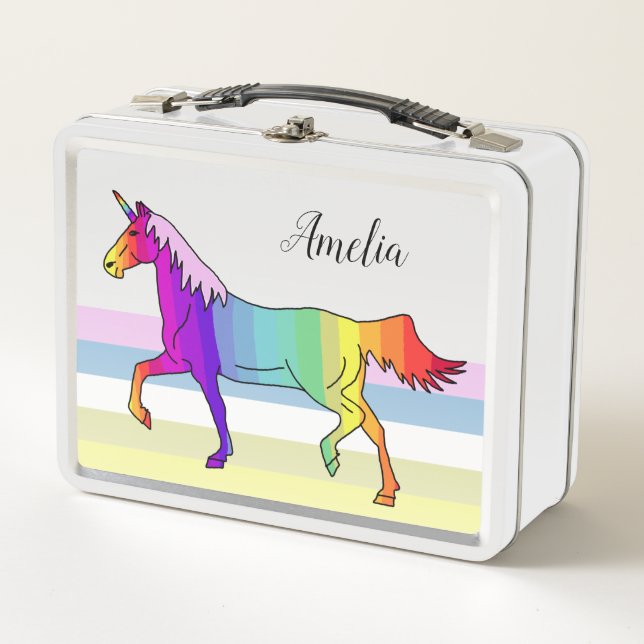 Rainbow Pink Unicorn Stripes Girly Metal Lunch Box (Front)