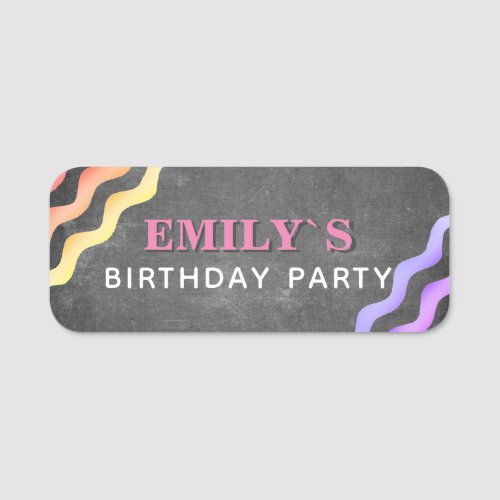 Rainbow Pink Waves Chalkboard Kids Birthday Party Name Tag