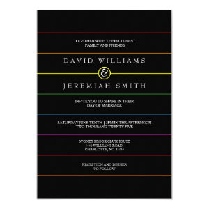 Rainbow Pinstripe Pride on Black LGBT Wedding Card